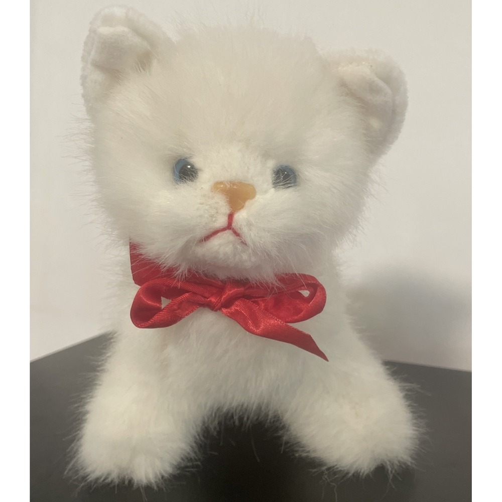 MARY MEYER White Kitty Cat Plush Lovey Plush With Blue Eyes And Red Bows